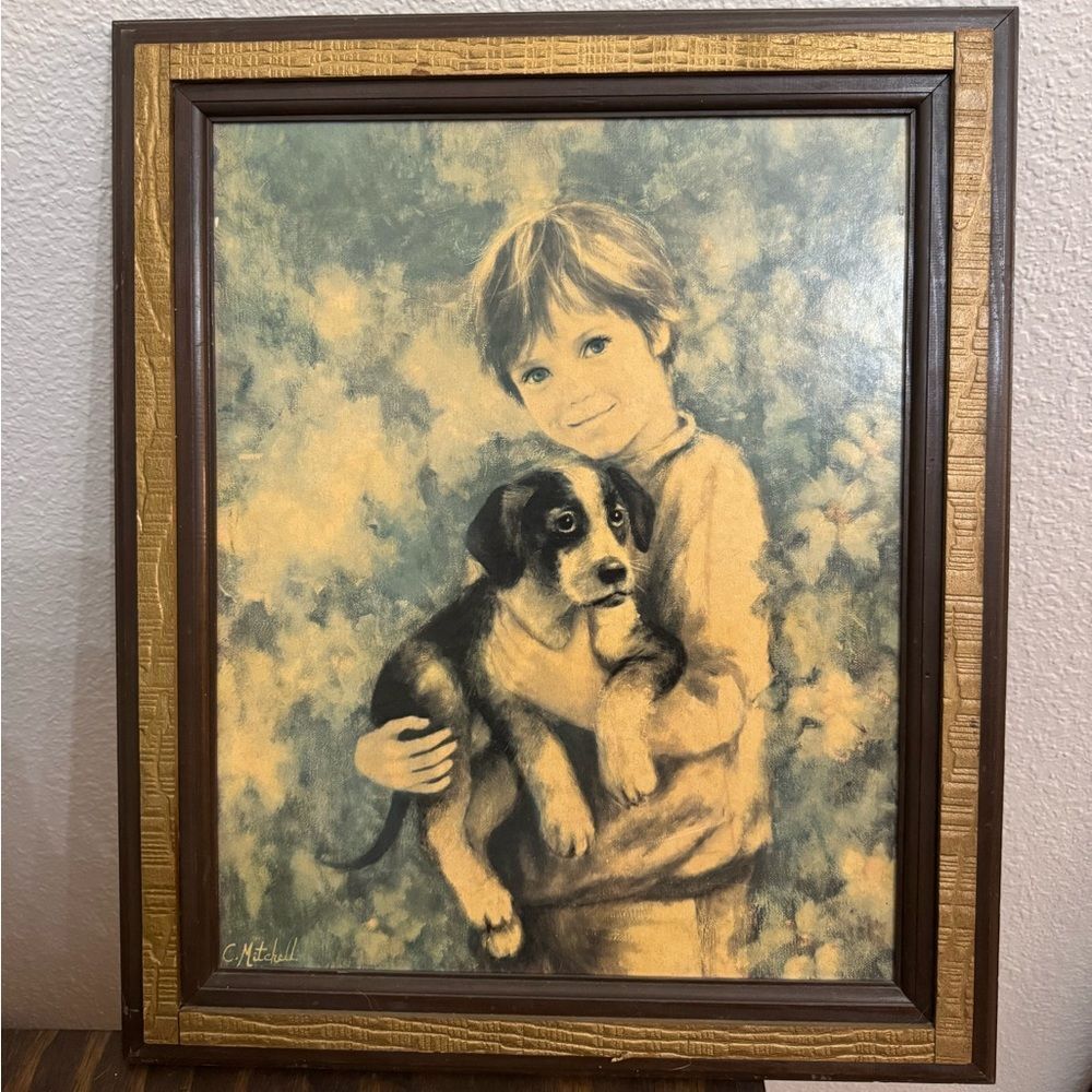 Vintage Framed Puppy Dog Boy Wall Art